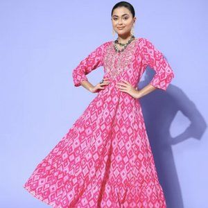 Pretty Pink Cotton Fluid Tie-Up Ethnic Dress